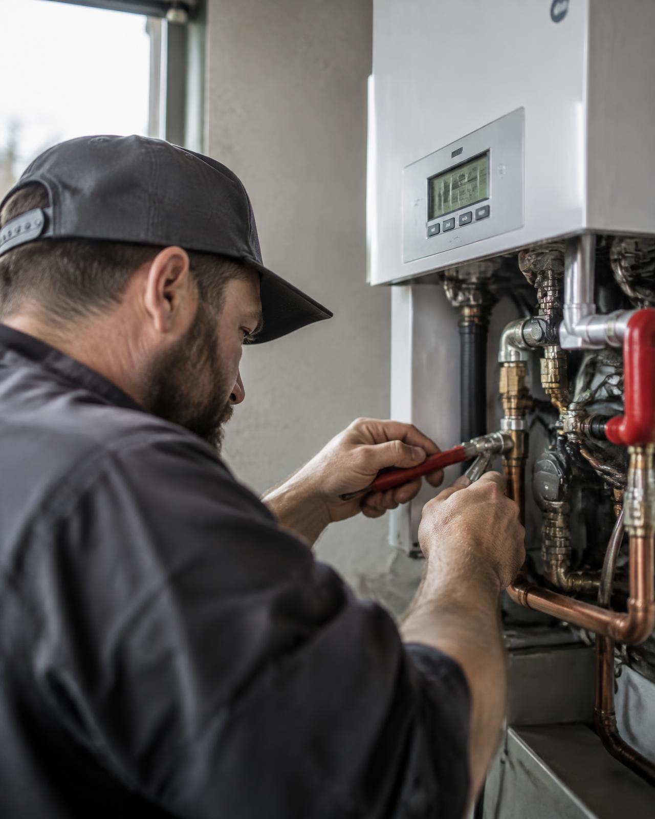 Installateur aan het werk aan een verwarmingsinstallatie